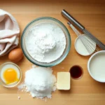 Baking ingredients for soft and moist cakes, including flour, eggs, butter, and milk.