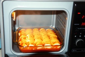 A baking dish with enchiladas covered in sauce and cheese inside an oven, preparing to bake.