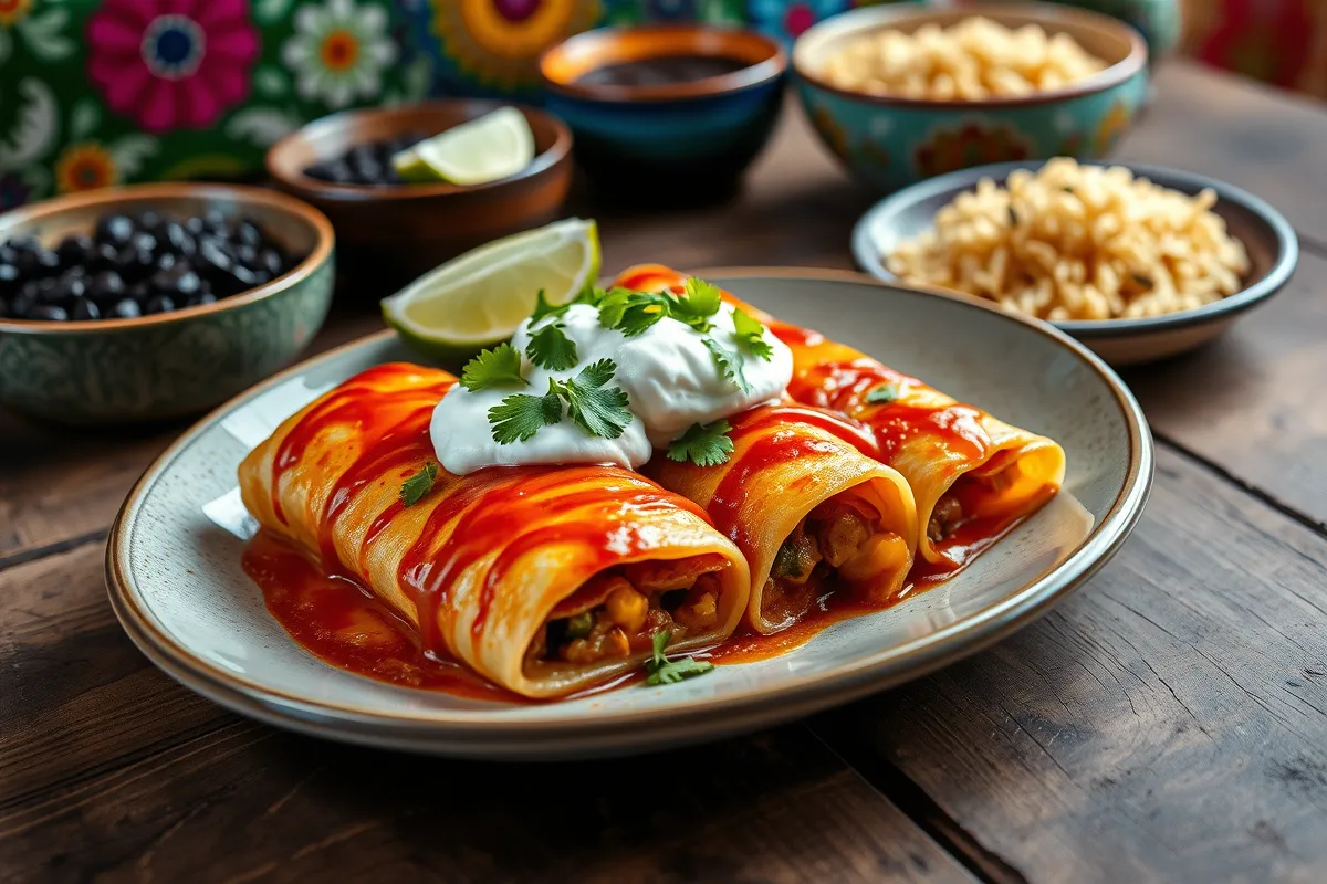 Plate of Boulder-style enchiladas topped with sour cream and fresh cilantro, served with sides of black beans and rice