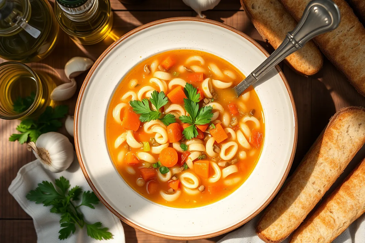 A hearty vegetable soup with pasta in a white bowl, garnished with parsley, accompanied by breadsticks and olive oil.