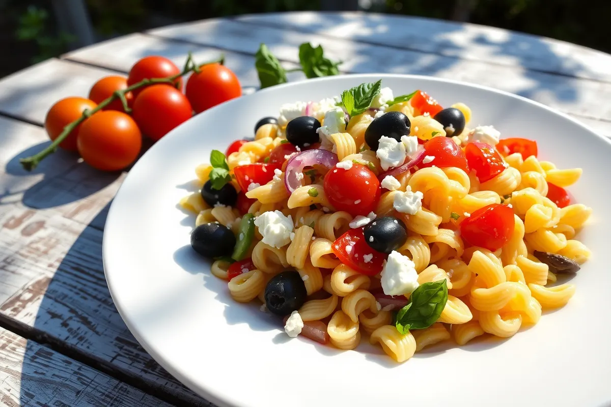 A vibrant pasta salad on a white plate with tomatoes, olives, feta cheese, and basil leaves, served outdoors.