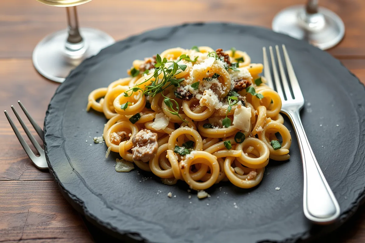 A close-up of a gourmet pasta dish served on a dark slate plate with fork and wine glass in the background.