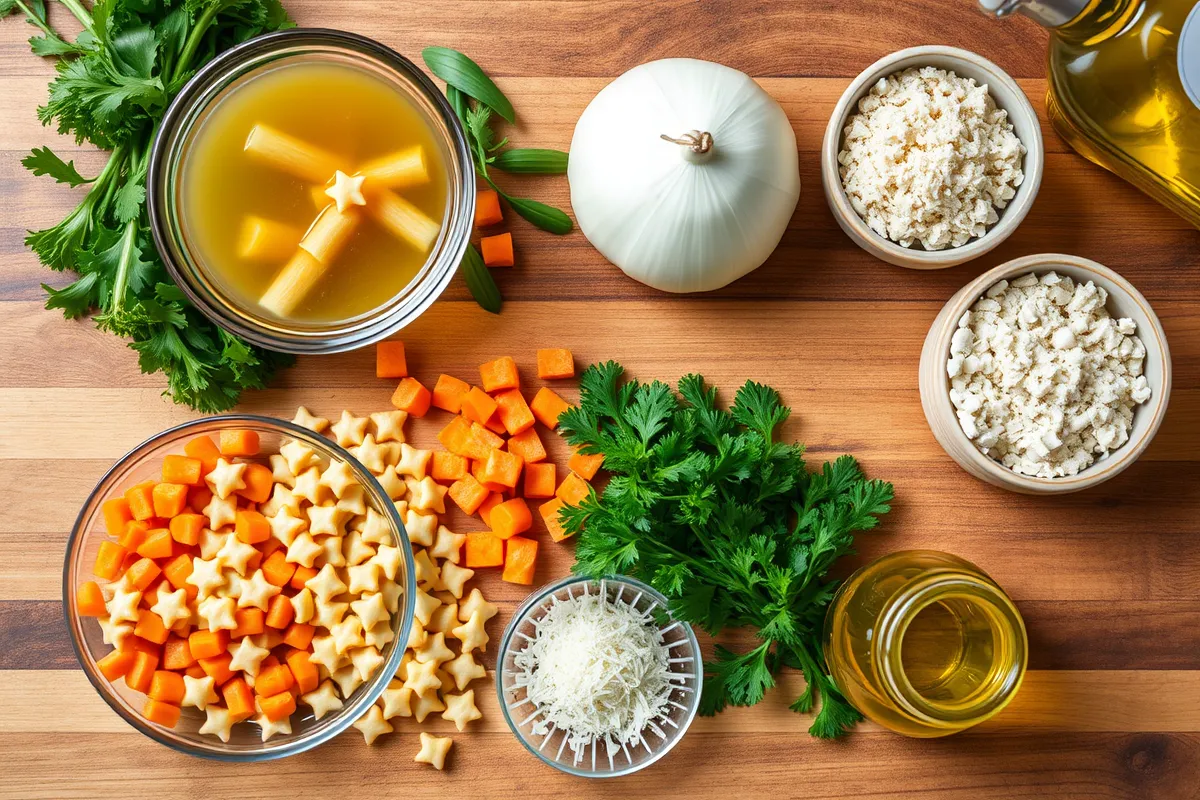 Ingredients for pastina soup arranged on a wooden table, including star-shaped pasta, carrots, broth, cheese, parsley, onion, and olive oil.