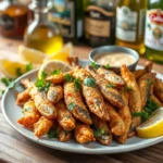 Golden crispy boquerones fritos garnished with parsley and lemon wedges.