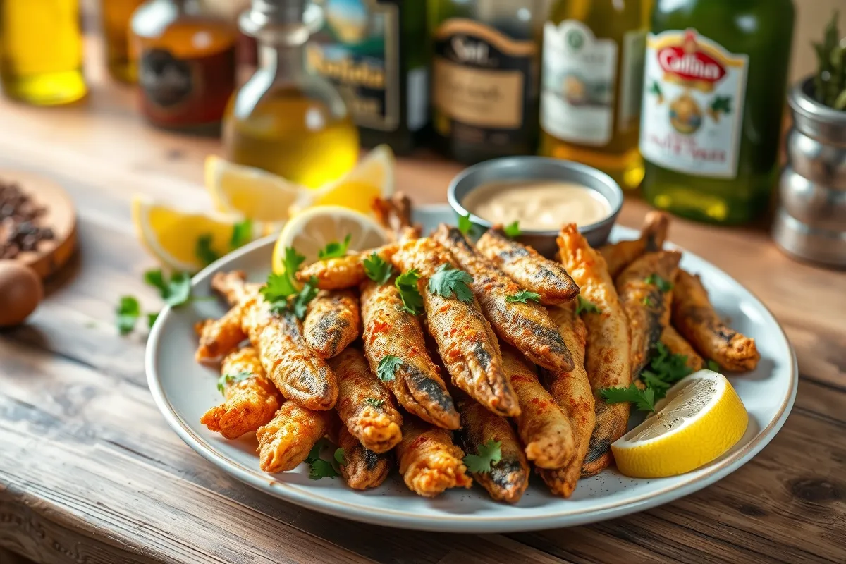 Golden crispy boquerones fritos garnished with parsley and lemon wedges.