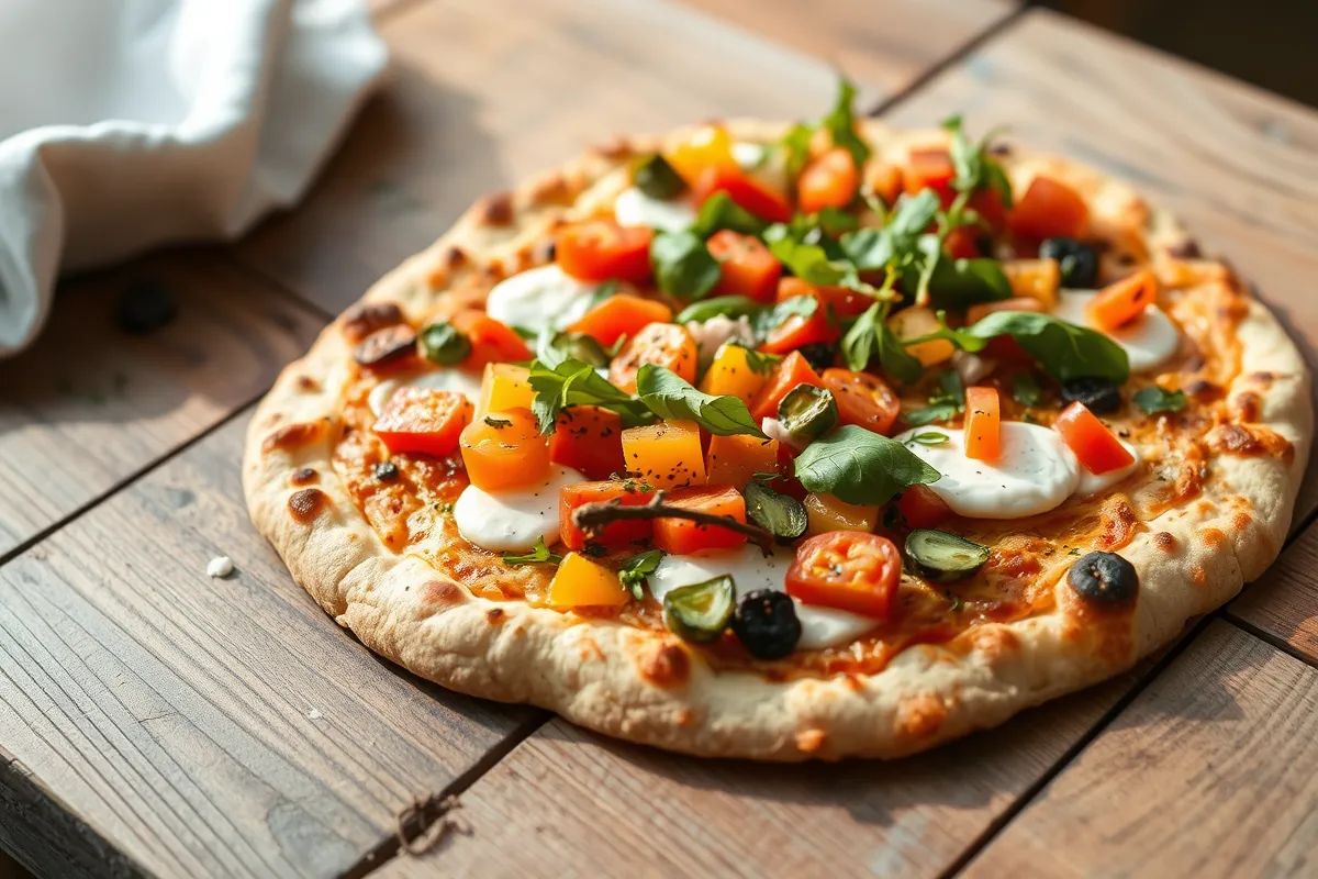 Cottage cheese flatbread pizza with fresh vegetable toppings on a wooden table.