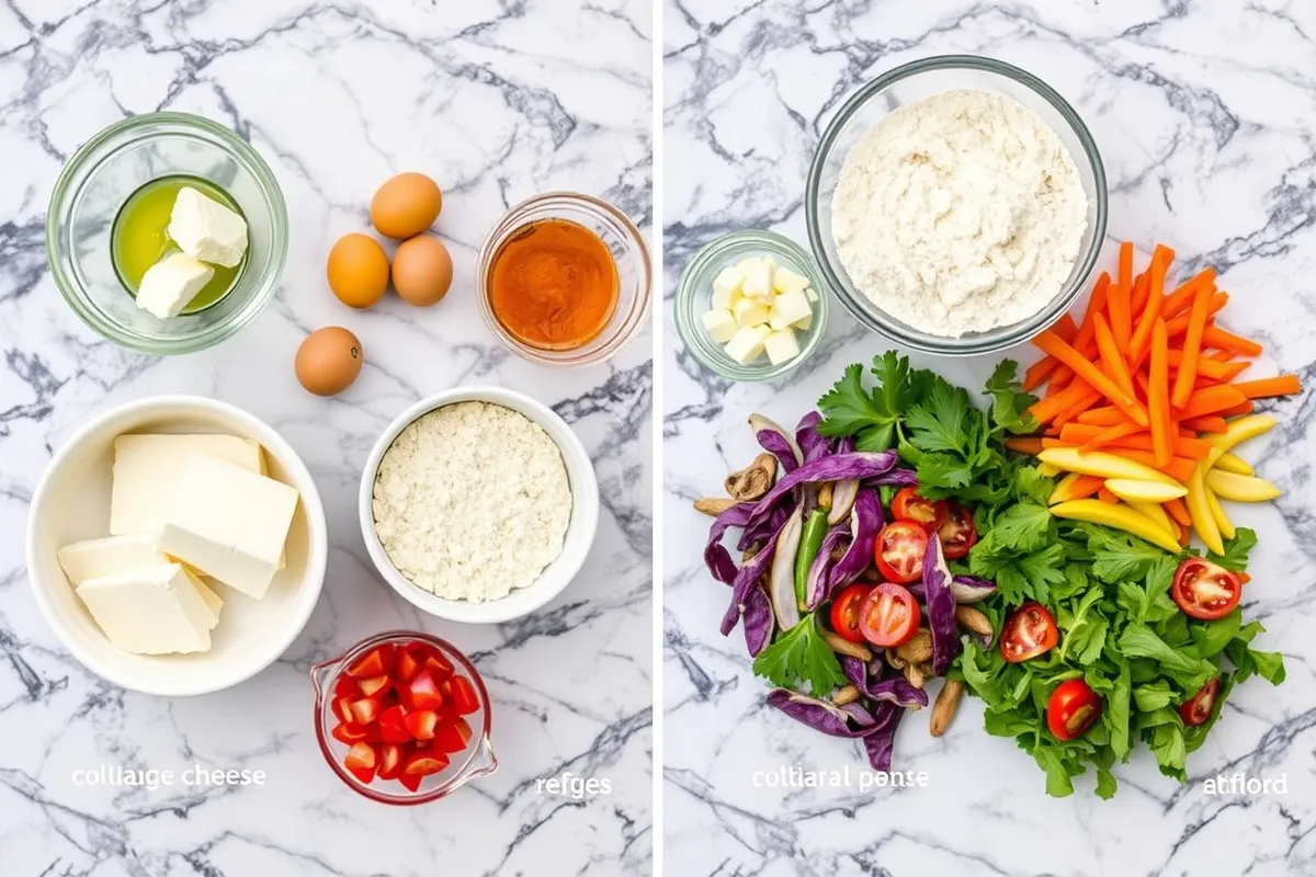 Ingredients for cottage cheese flatbread pizza arranged on a marble countertop.