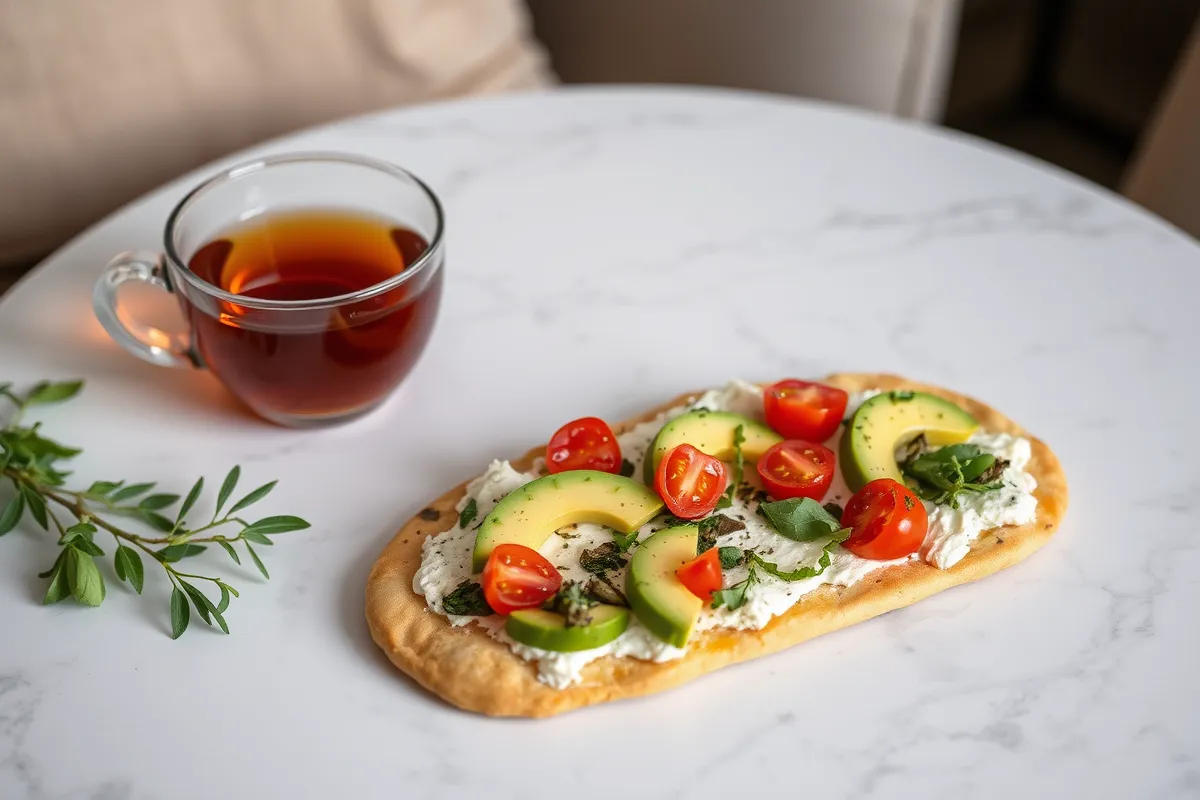 Cottage cheese flatbread served with avocado, tomatoes, and herbs.