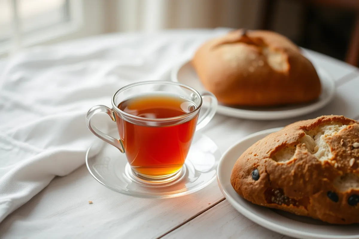 Cozy table setup with English Breakfast Tea, a porcelain teacup, and rustic bread.