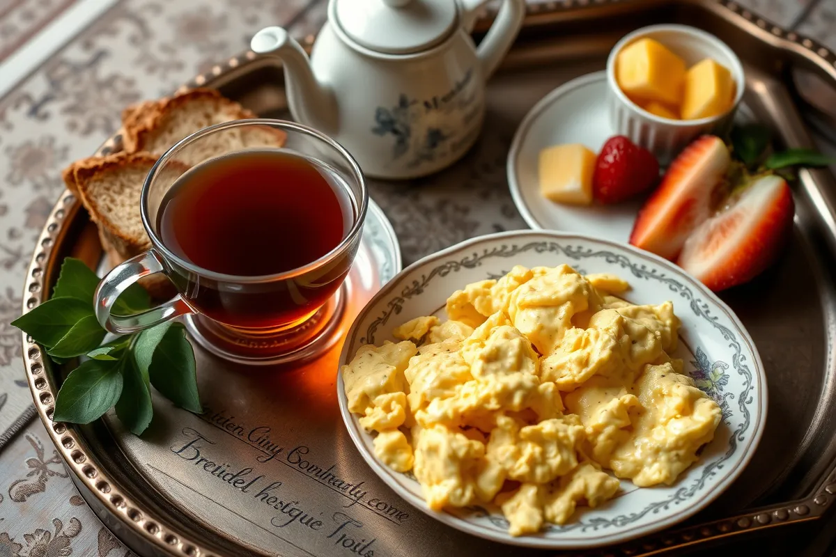 English Breakfast Tea with buttered toast, eggs, and fruit on a tray.