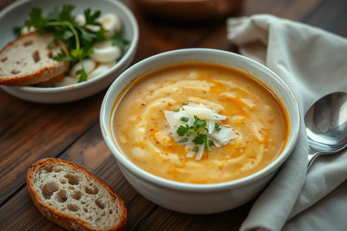 A bowl of creamy pastina soup garnished with Parmesan shavings and parsley, served with crusty bread on a wooden table. Title: Creamy Pastina Soup with Garnish