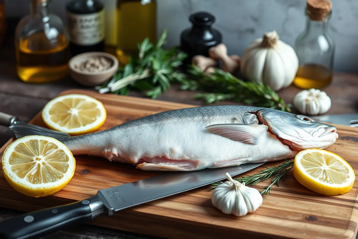 Fresh branzino on a wooden cutting board with lemons, garlic, and fresh herbs, ready for preparation.