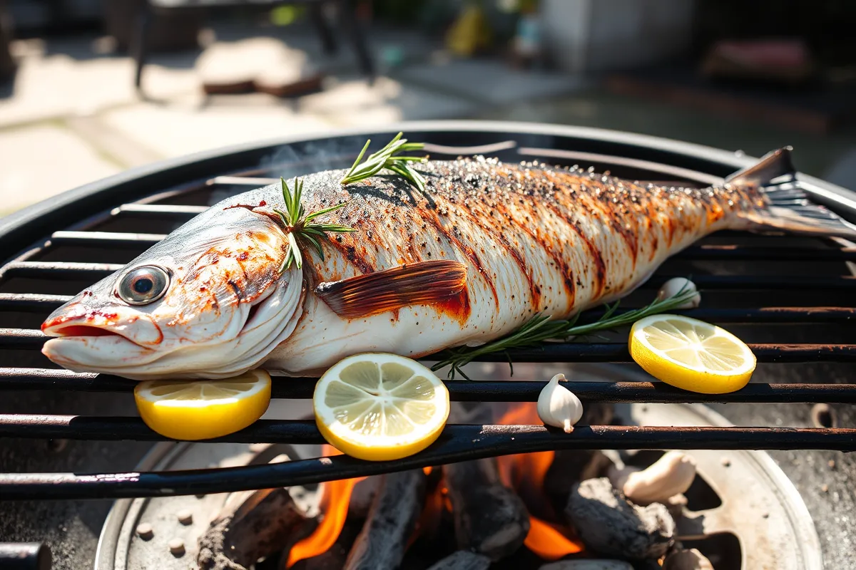 Branzino fish on a grill with fresh rosemary, garlic cloves, and lemon slices, over open flames.