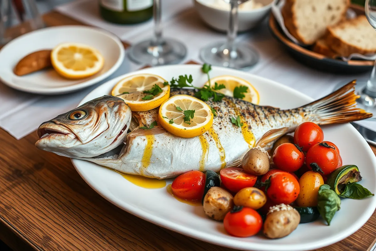 : Grilled branzino served with roasted vegetables, garnished with lemon slices and fresh parsley on a white plate.