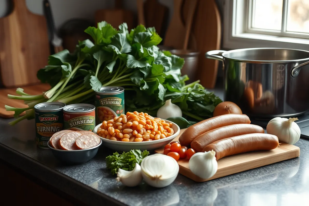 A pot of steaming bean and greens soup being stirred with a wooden spoon, surrounded by fresh ingredients on a kitchen countertop.