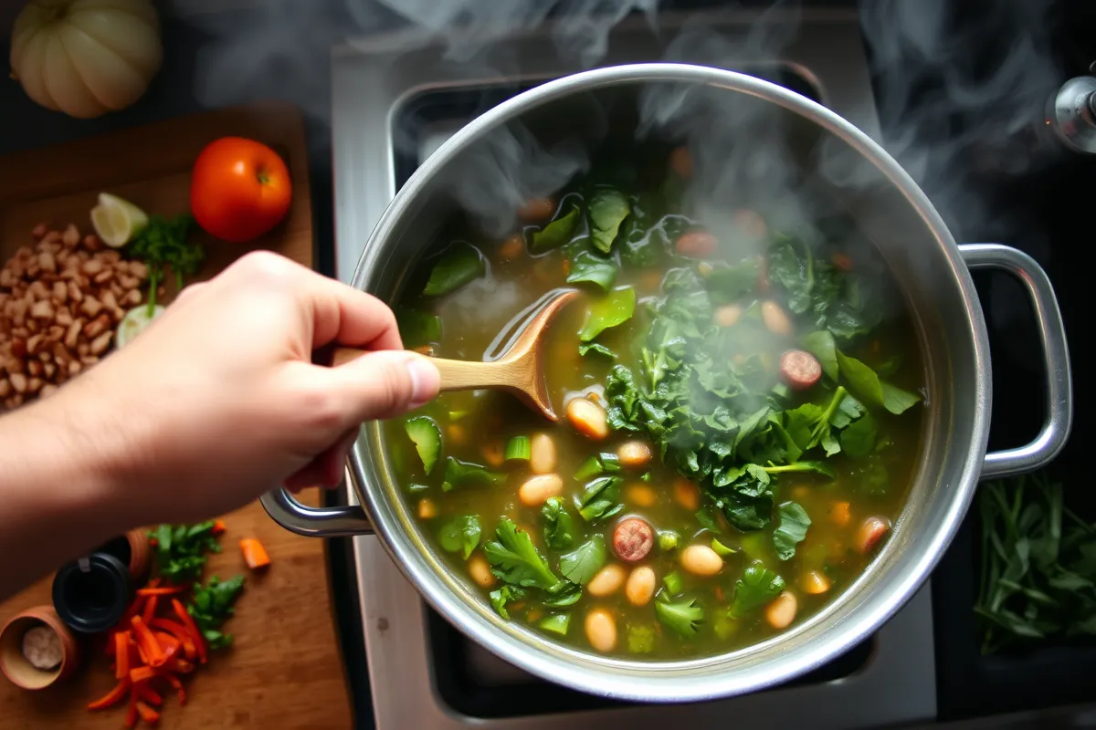 Fresh ingredients for a hearty soup, including sausages, beans, leafy greens, onions, and tomatoes, arranged on a kitchen counter next to a pot.