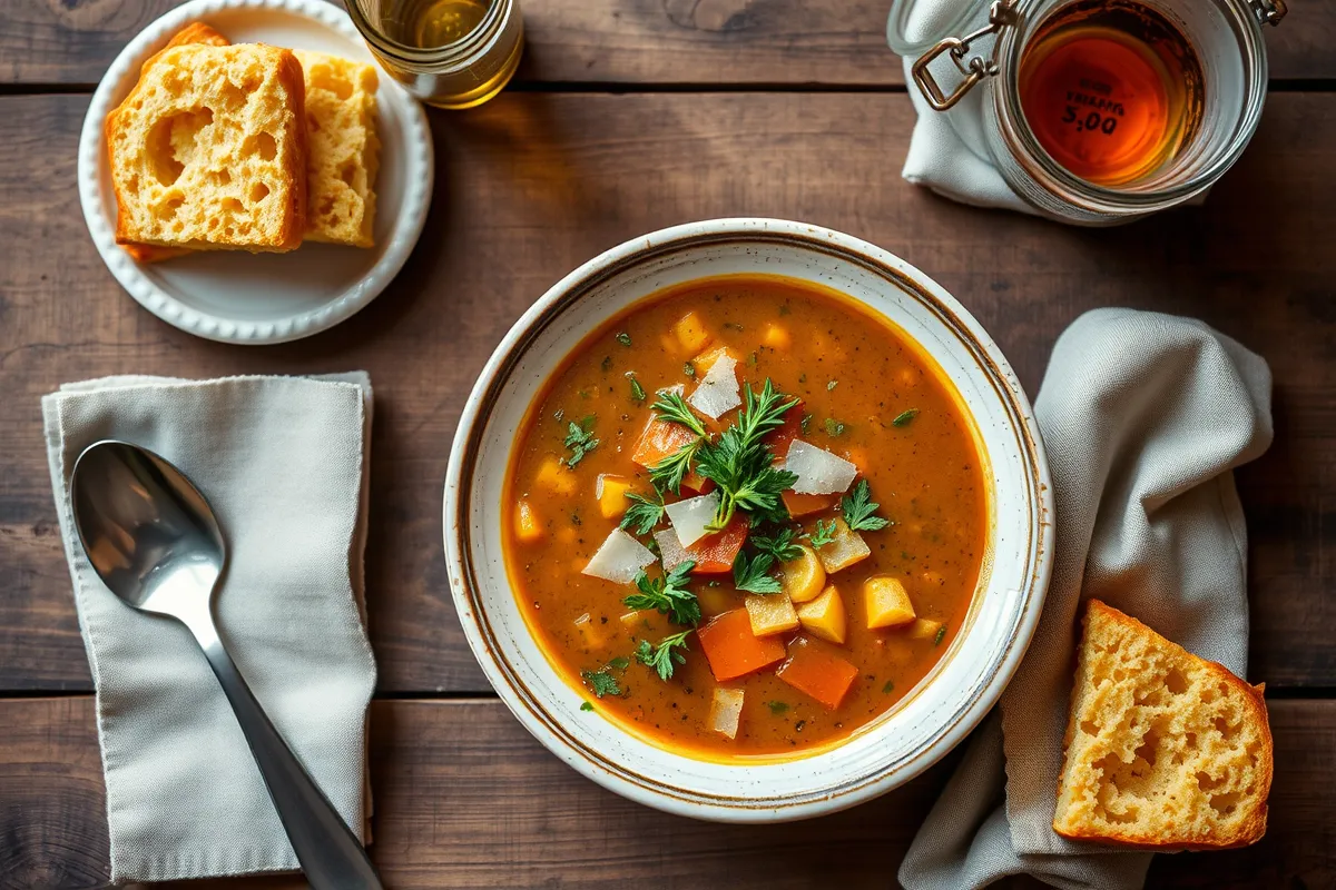 A bowl of vegetable soup garnished with fresh parsley and Parmesan, served with slices of crusty bread and a jar of olive oil on a wooden table.