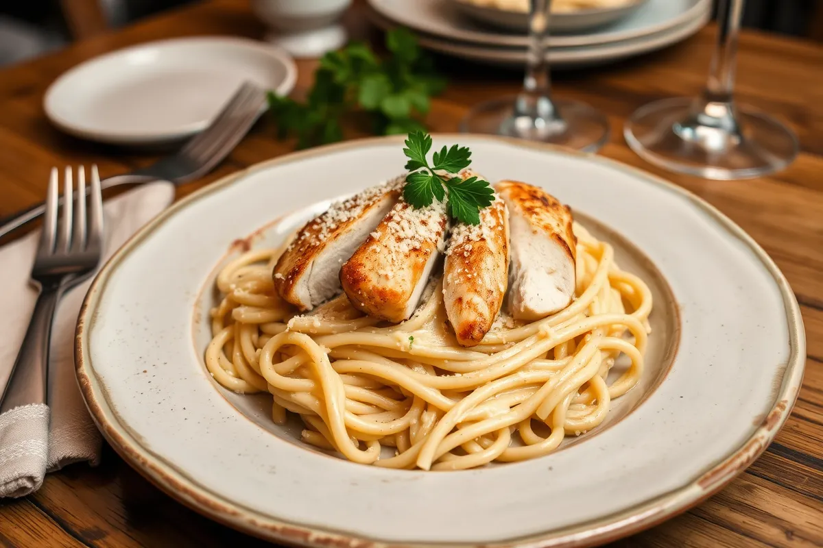 Garlic Parmesan Chicken Pasta served on a plate with grilled chicken slices and parsley garnish.