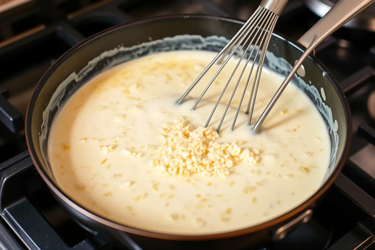 A skillet of creamy garlic parmesan sauce being whisked with freshly grated parmesan.