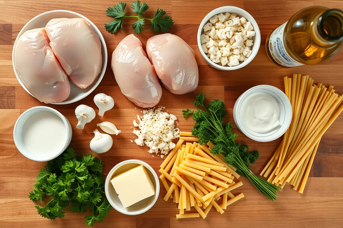 Fresh ingredients for Garlic Parmesan Chicken Pasta, including chicken breasts, pasta, garlic, butter, parsley, parmesan, and cream.