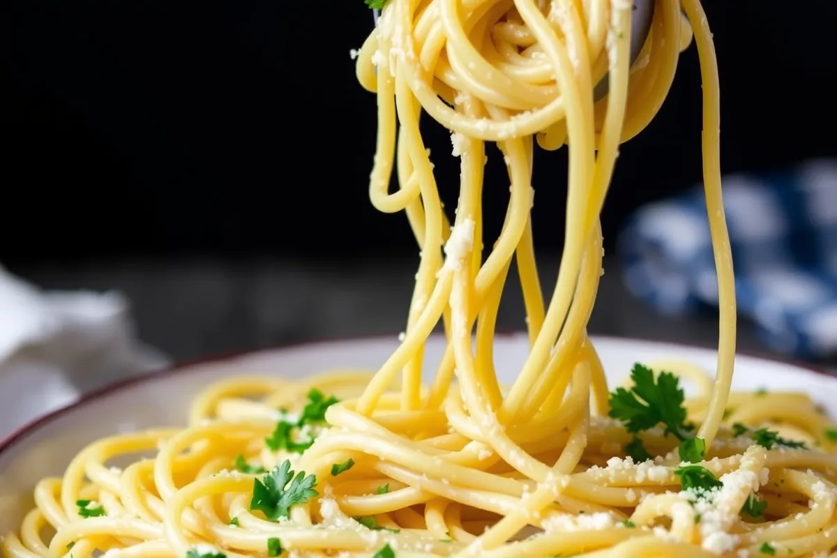 Tossing pasta in garlic parmesan sauce