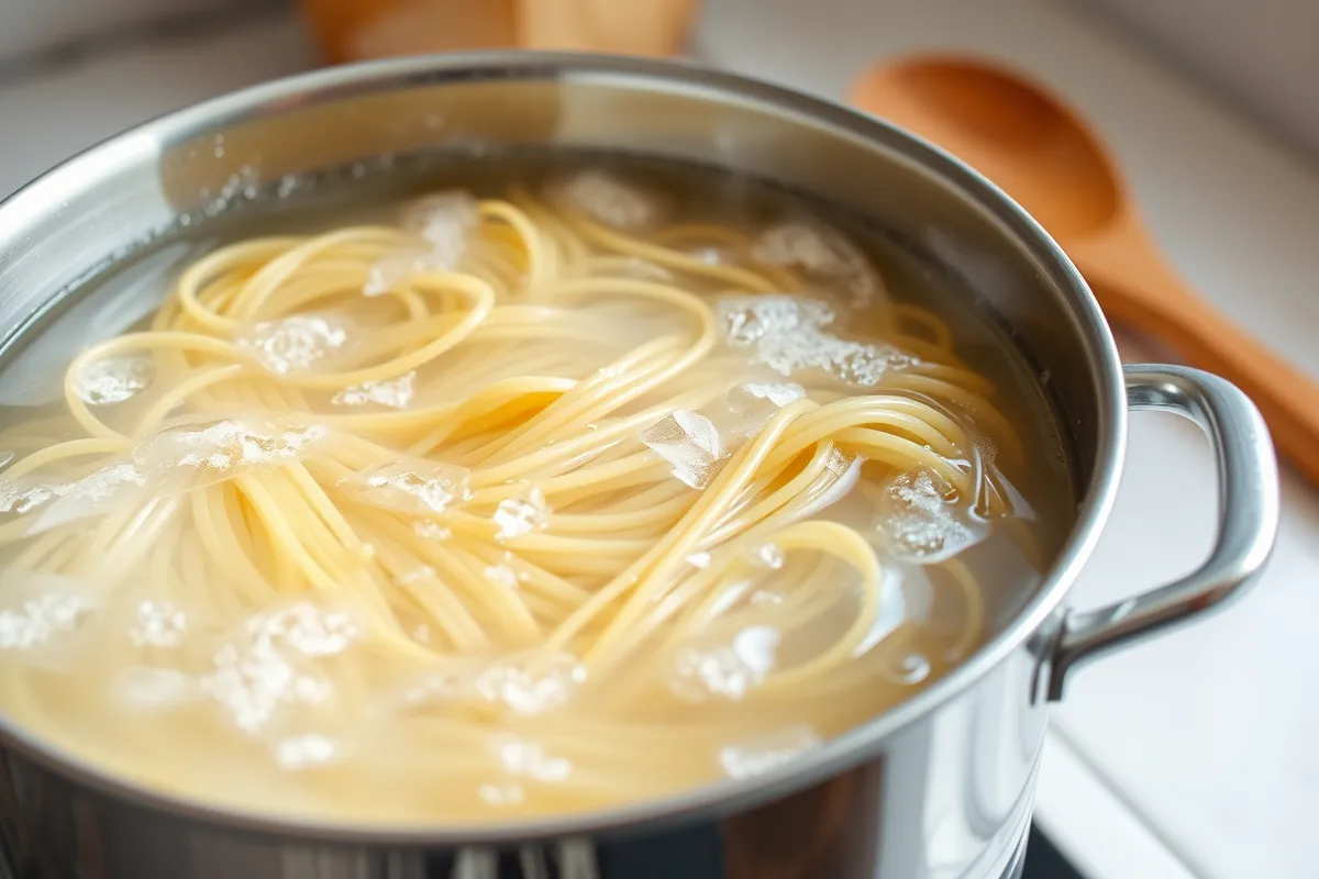 Spaghetti boiling in salted water for garlic parmesan pasta