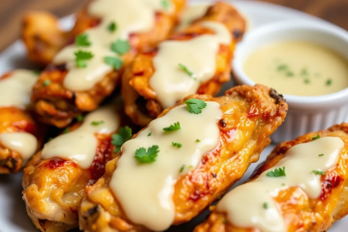 Baked garlic Parmesan chicken wings with side dishes.