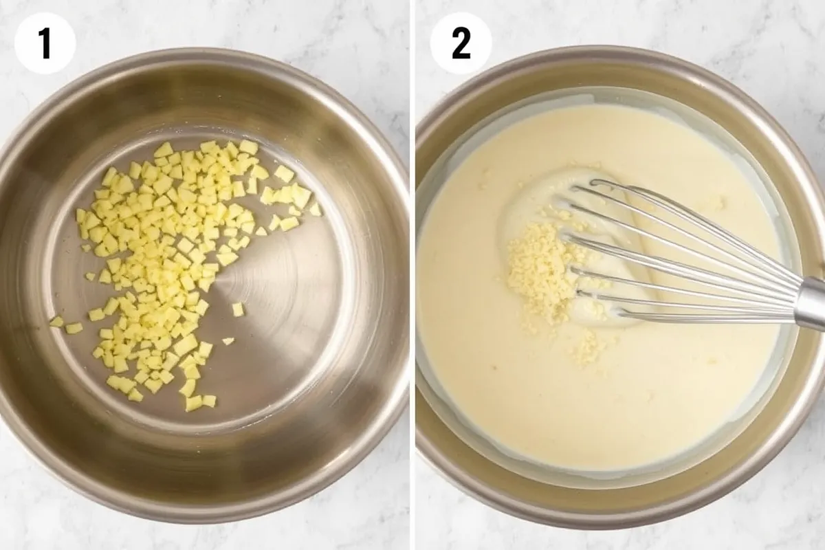 Garlic Parmesan sauce being prepared step by step in a pan.