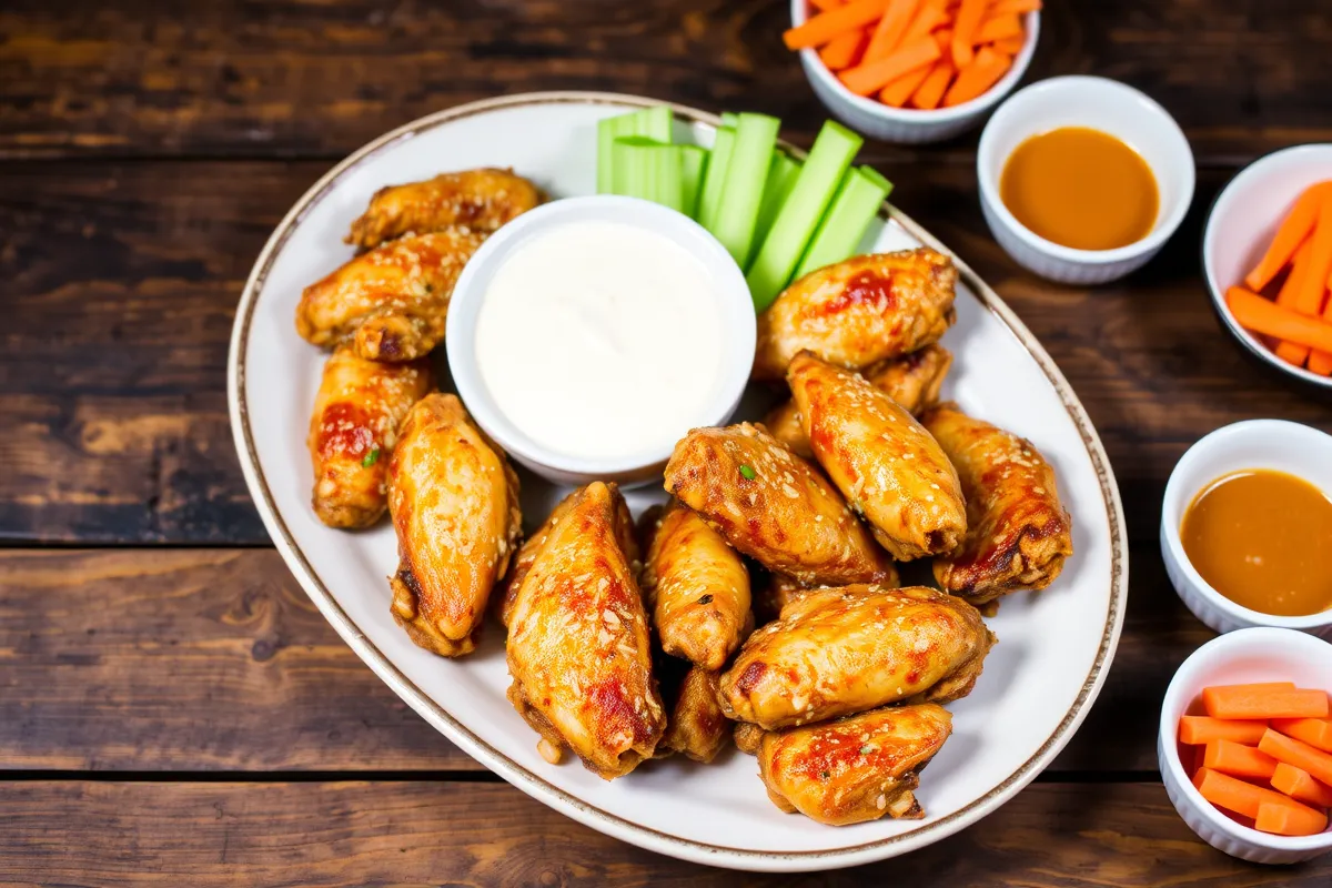 Baked garlic Parmesan chicken wings with side dishes.