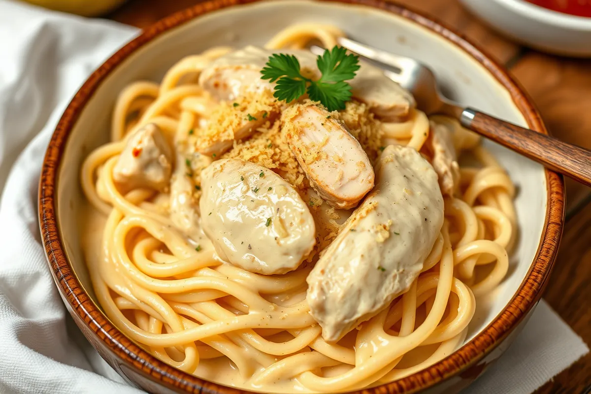 Close-up of creamy chicken parmesan pasta garnished with parsley.