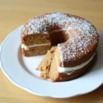 A homemade churro cake with a soft, fluffy texture, dusted with powdered sugar and filled with cream, served on a white plate.