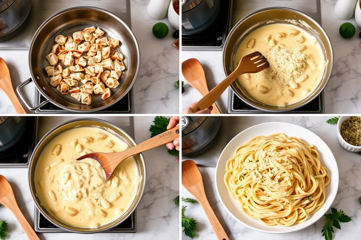 Step-by-step cooking process of creamy chicken parmesan pasta.