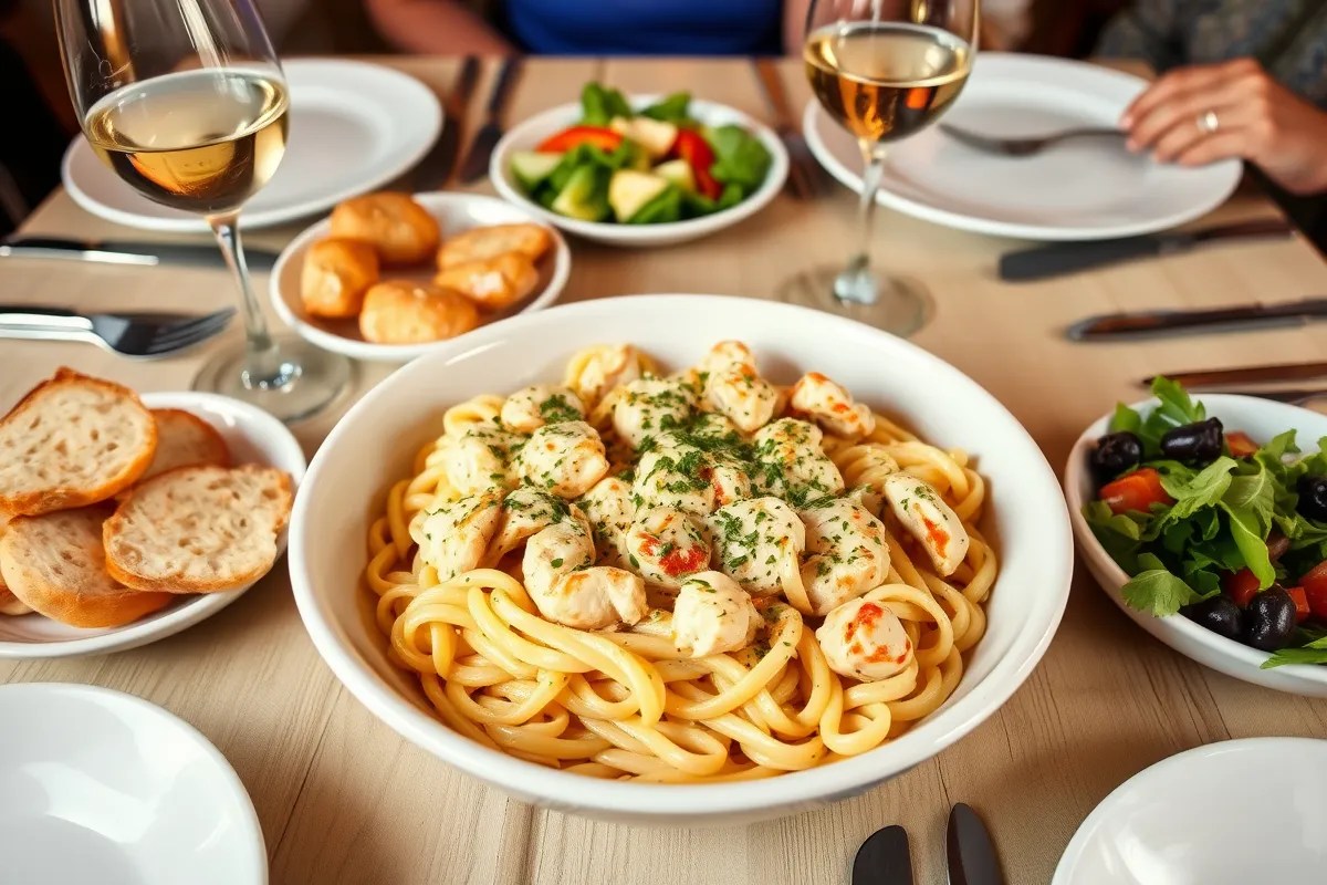 Family dinner table with creamy chicken parmesan pasta as the centerpiece.