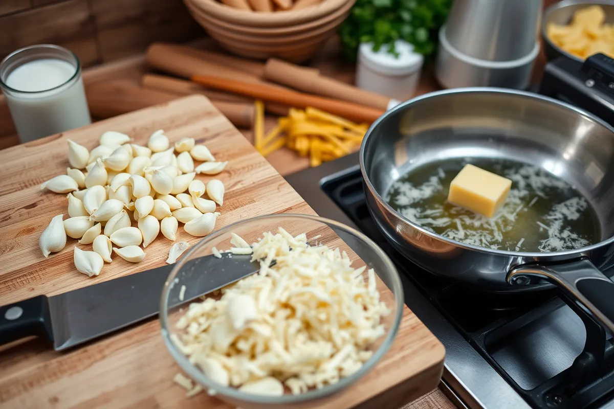 Minced garlic and grated parmesan being prepared for pasta sauce.