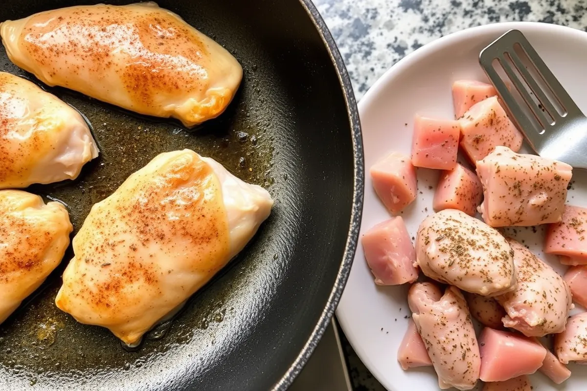 Chicken breasts being seared for Garlic Parmesan Chicken Pasta.