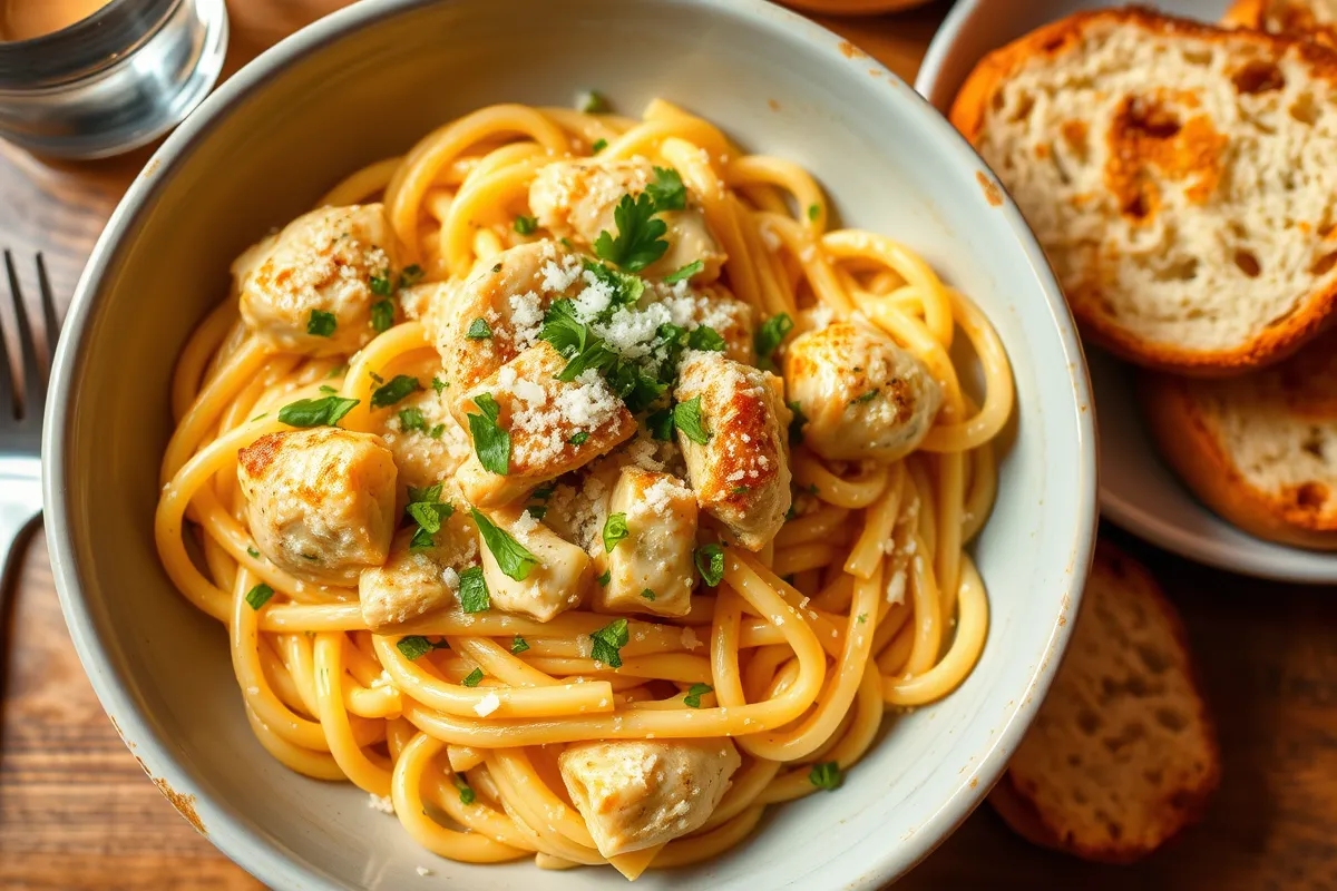 arlic Parmesan Chicken Pasta Without Cream Cheese and served with garlic bread.