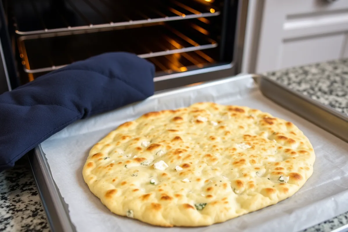 Freshly baked golden cottage cheese flatbread on a baking sheet.