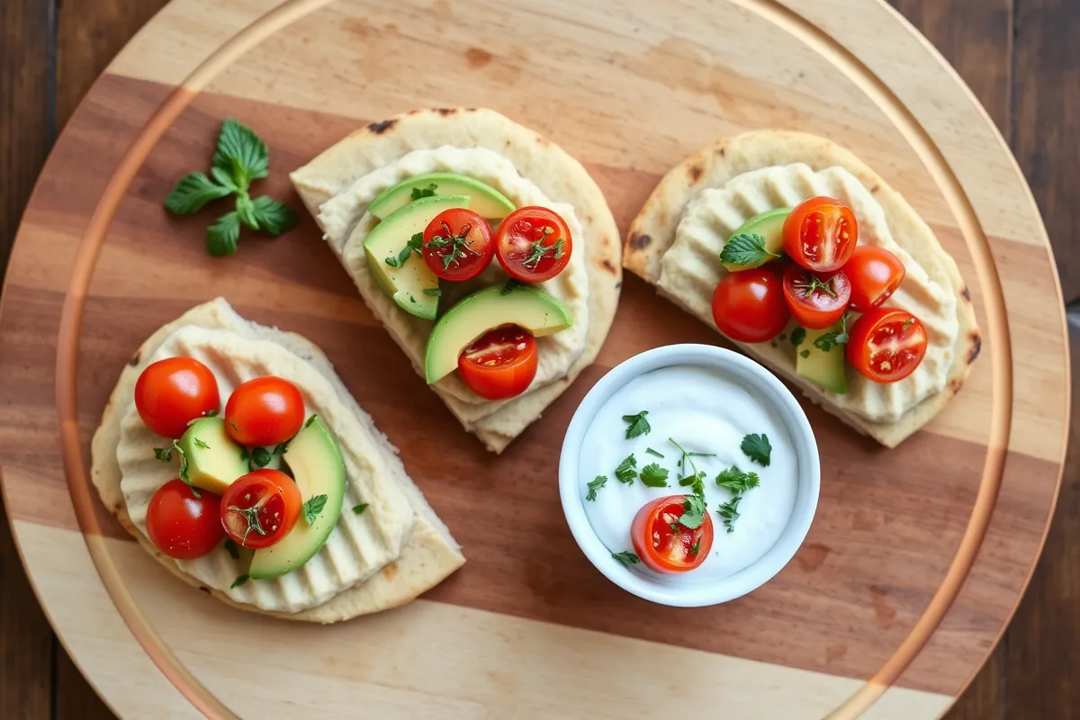 Slices of cottage cheese flatbread topped with hummus, avocado, and cherry tomatoes.