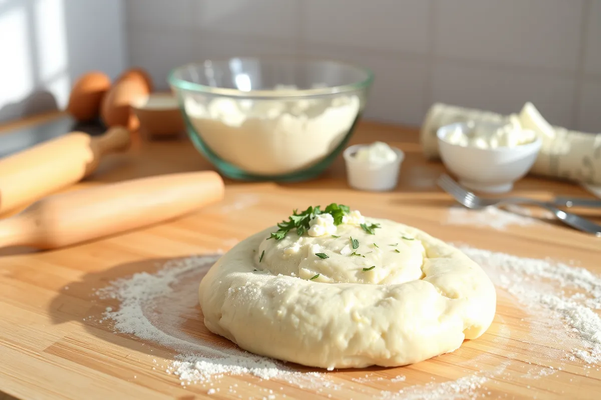 Hands mixing cottage cheese dough on a countertop.