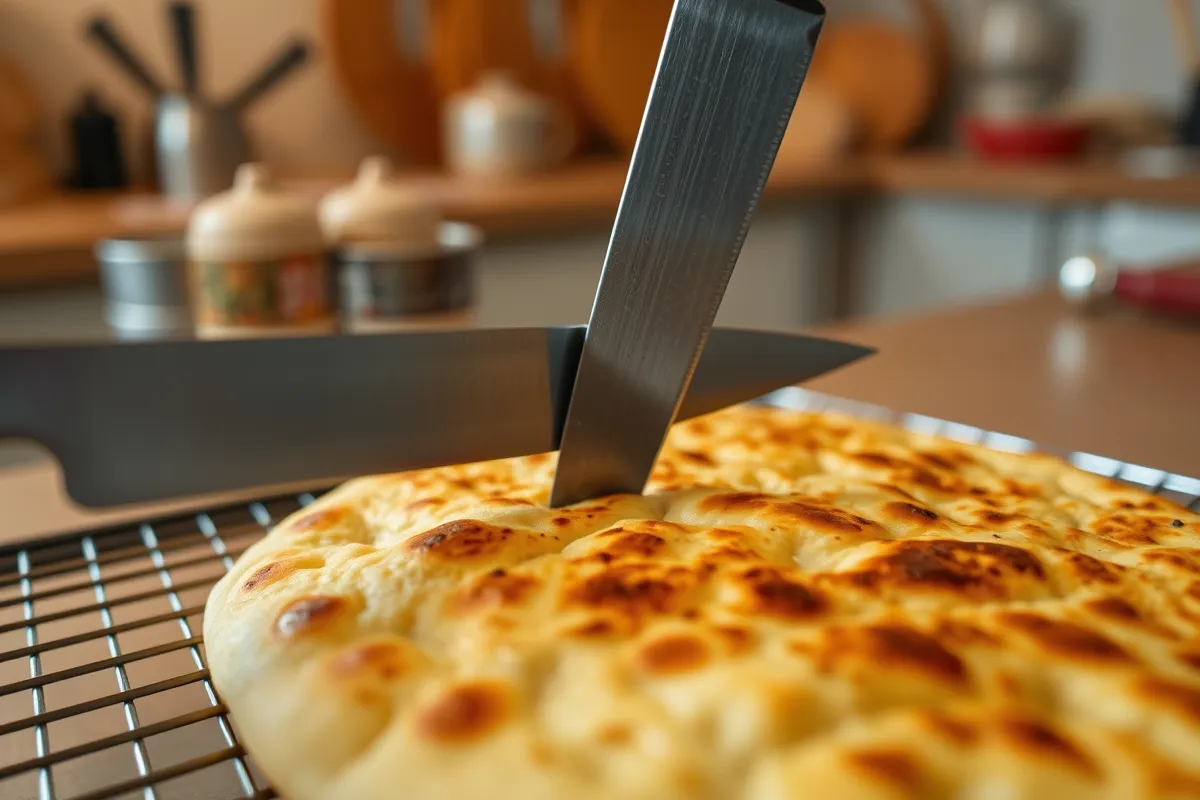 Testing cottage cheese flatbread doneness with a knife.