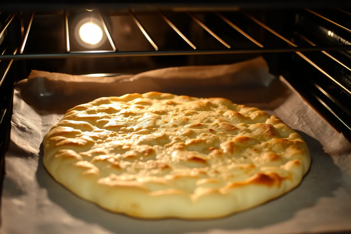 Cottage cheese flatbread baking in an oven.