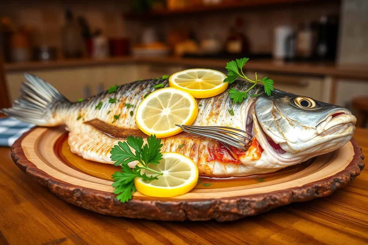 Whole cooked branzino with lemon and parsley on a rustic plate.