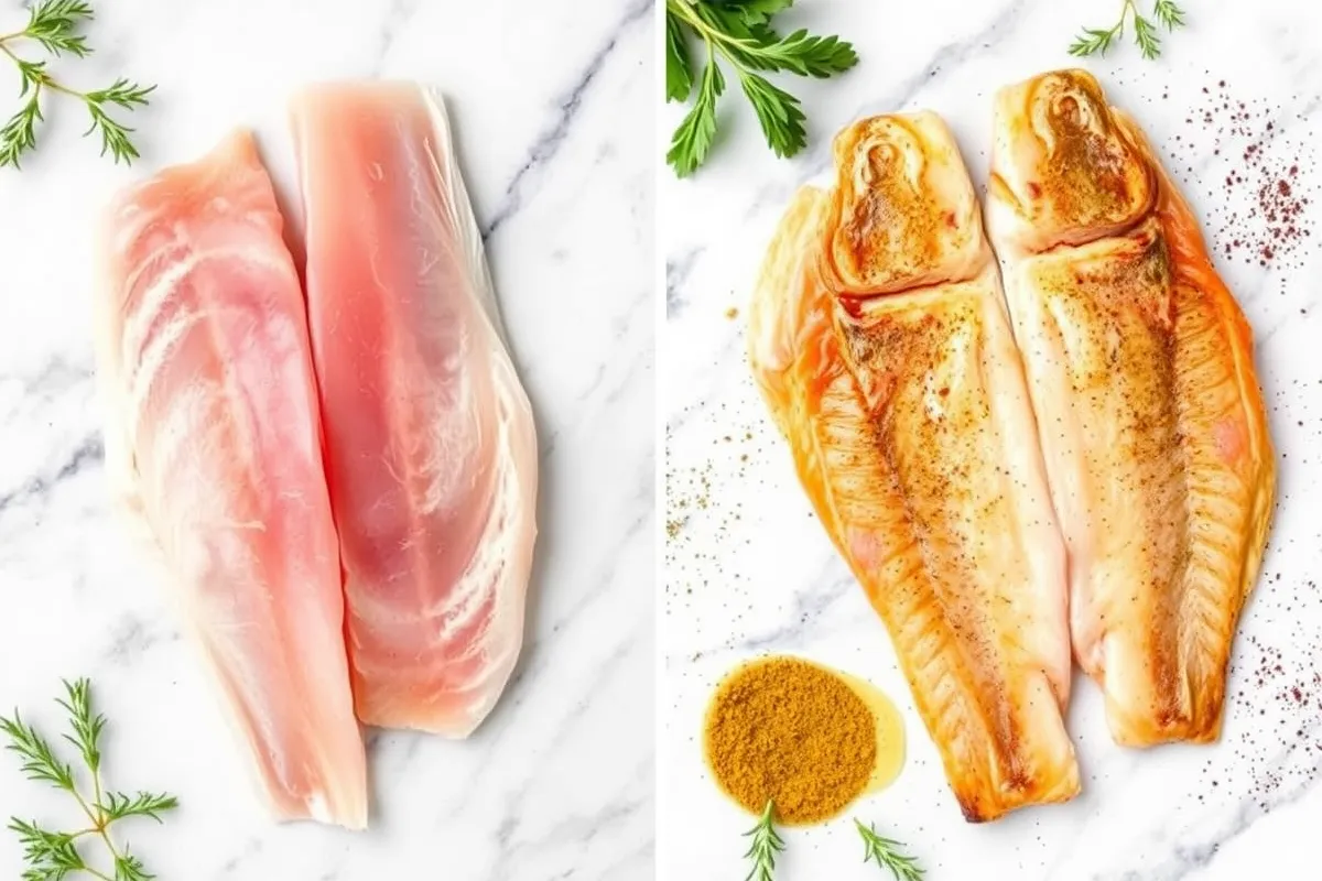 Raw and cooked branzino fillets side-by-side for comparison.