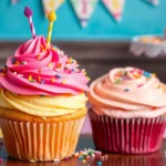 Two colorful giant cupcakes with vibrant frosting and sprinkles, topped with candles.