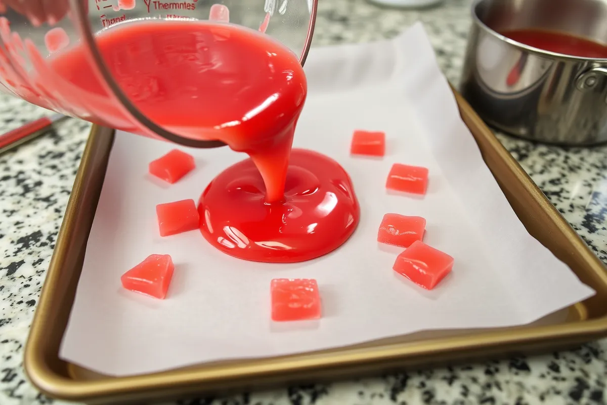 Homemade strawberry hard candy mixture being poured onto a baking sheet.