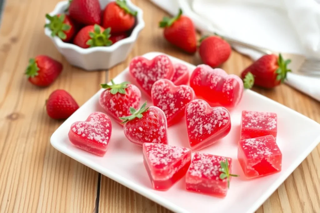 Artisanal strawberry gummies in different shapes on a white dish.