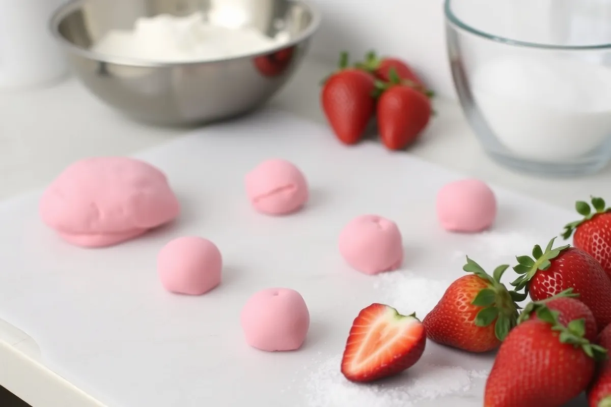 Homemade strawberry bon bons being shaped in a kitchen.