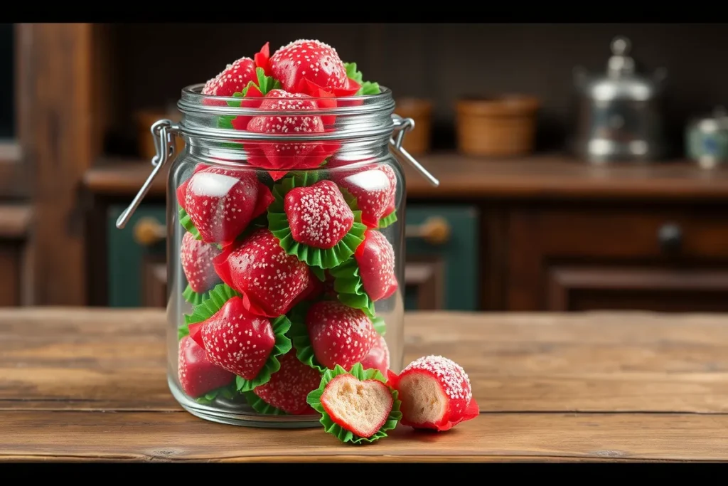 A jar filled with strawberry bon bons on a vintage wooden table