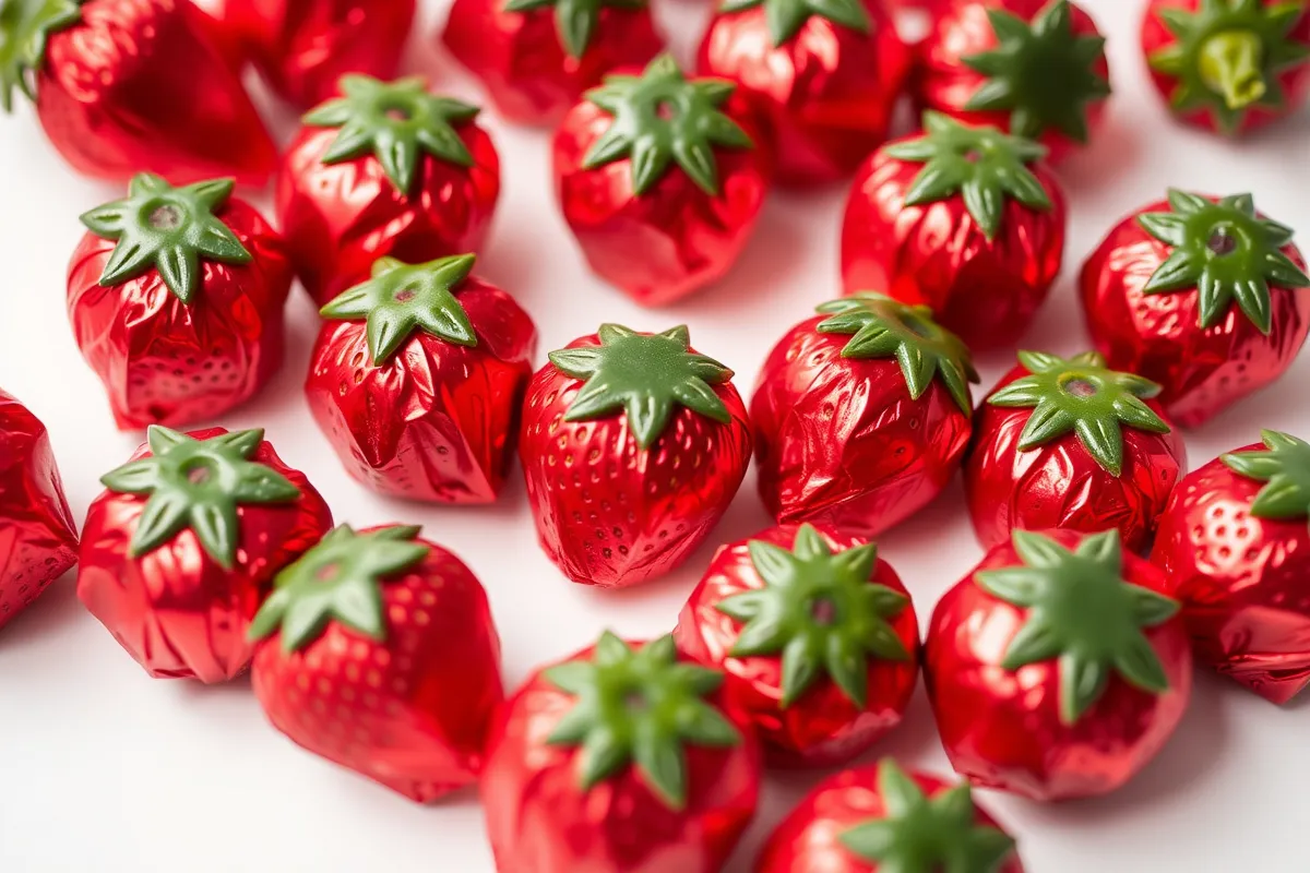 Foil-wrapped strawberry bon bons scattered on a white surface.