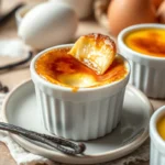 A close-up of a creamy crème brûlée in a white ramekin with a spoon breaking through the caramelized sugar crust, surrounded by vanilla pods and fresh eggs